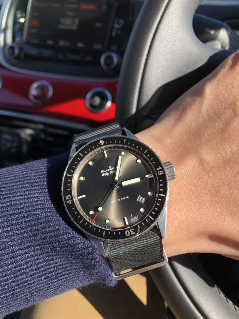 blancpain fifty fathoms wrist